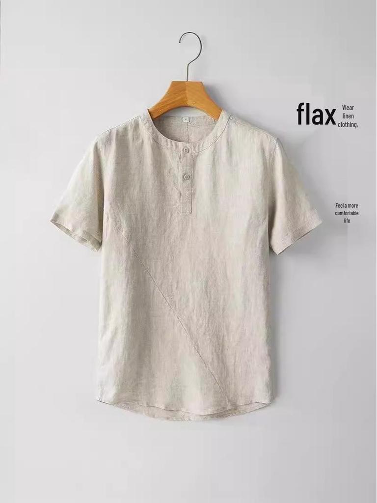 Men's Chinese Style Cotton Linen Short Sleeve Crew Neck T-Shirt - Lightweight, Loose Fit, Summer Top
