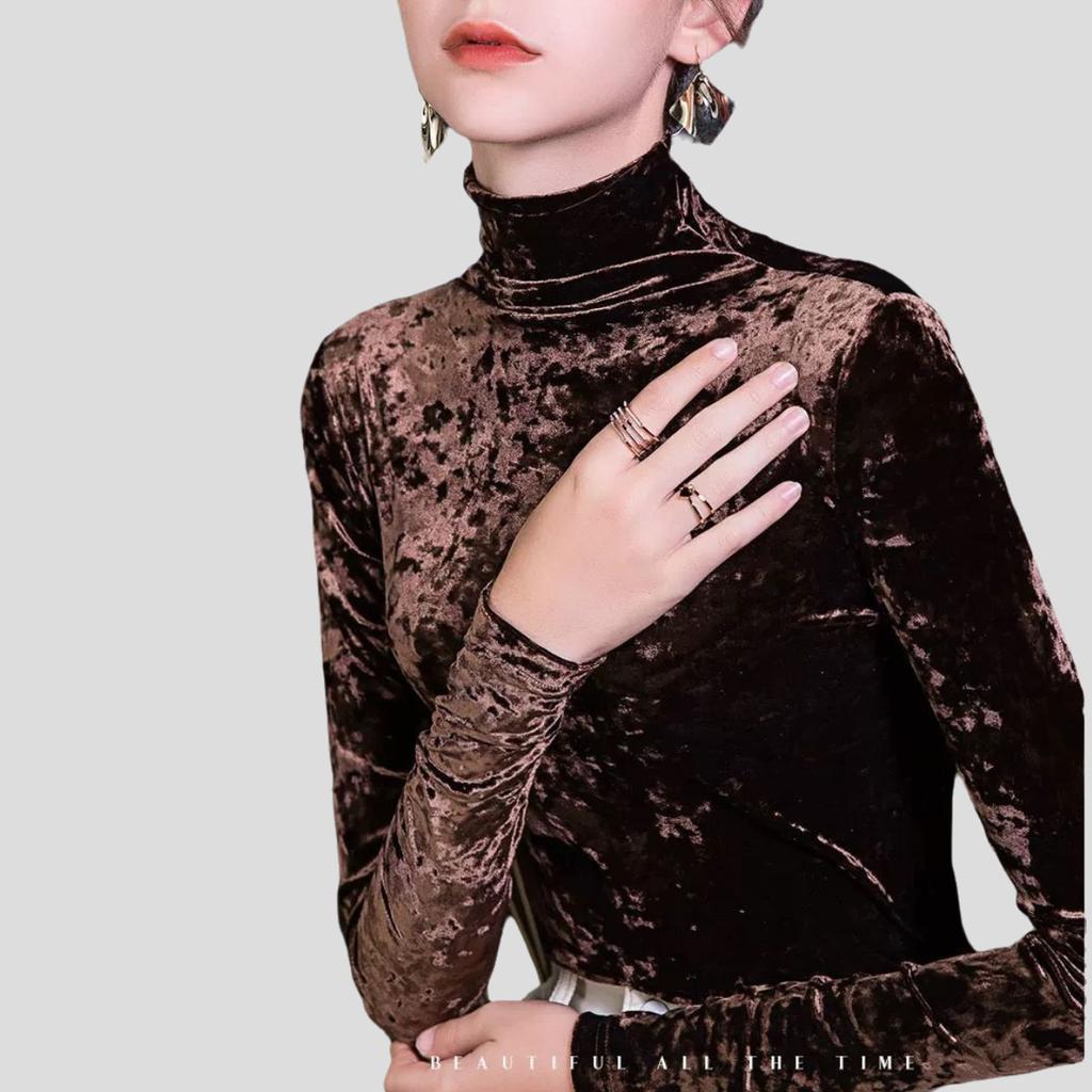 Autumn Winter Women's Velvet Turtleneck Base Shirt Slim Fit Diamond Velvet Long Sleeve T-Shirt Solid Color Stretch Pullover Top