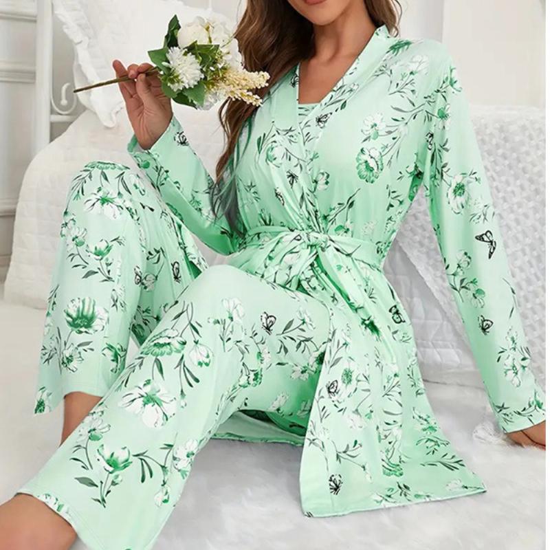 A Three-piece Set of Home Pajamas Bathrobes Long Pants Halter Tops and Nightgowns