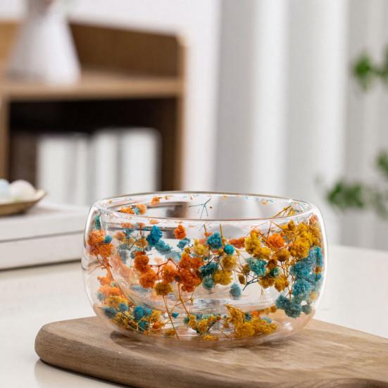 Bol de Sticlă 300ml cu Perete Dublu din Sticlă Borosilicată cu Flori Uscate Bol Decorativ Artistic pentru Supă Desert