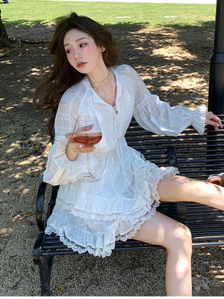 Осеннее Однотонное Элегантное Сказочное Платье Женское Кружевное Винтажное Дизайнерское Вечернее Приталенное Мини-Платье Женское Женское Корейский Стиль Платье Принцессы 2026 S белый