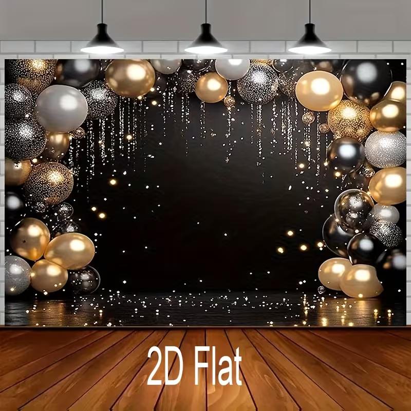 2D Black Gold Silver Balloon Banner, Glitter Sparkle Party Photo Booth Background