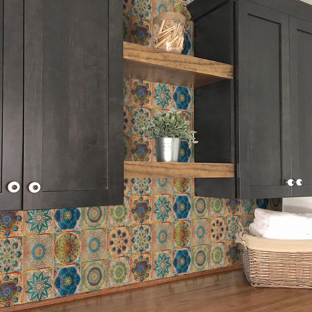 24pcs Vintage Self Adhesive Ceramic Tile Stickers Peel and Stick Backsplash Waterproof Wallpaper Wall Stickers Decorative Tiles for Kitchen Bathroom