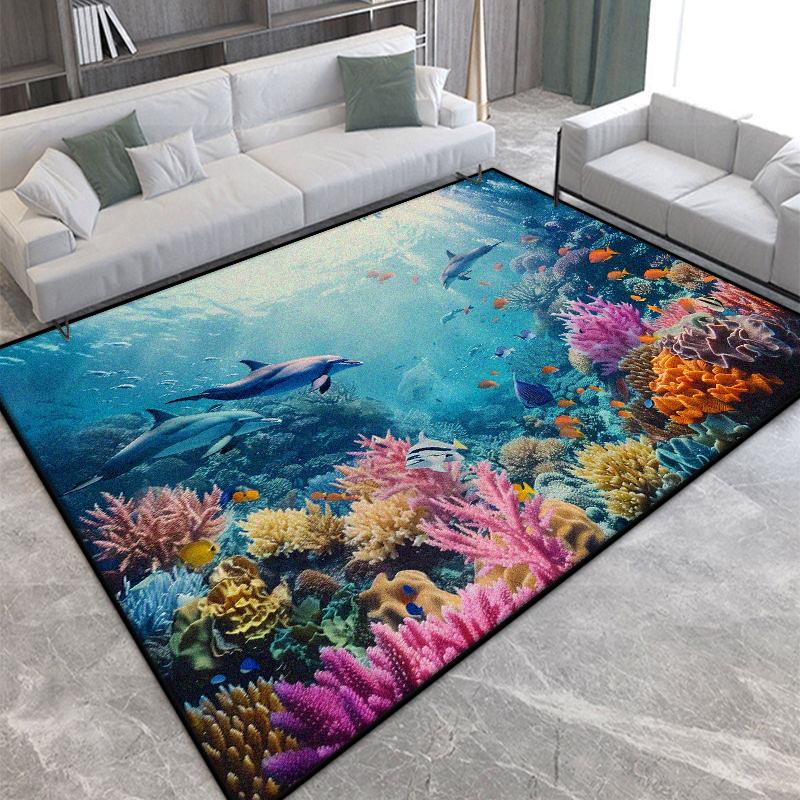 Modern 3D Seabed Large Living Room Rug Non-slip Room Decoration Rug Lint-free Easy Cleaning Entrance Door Mat Machine Washable