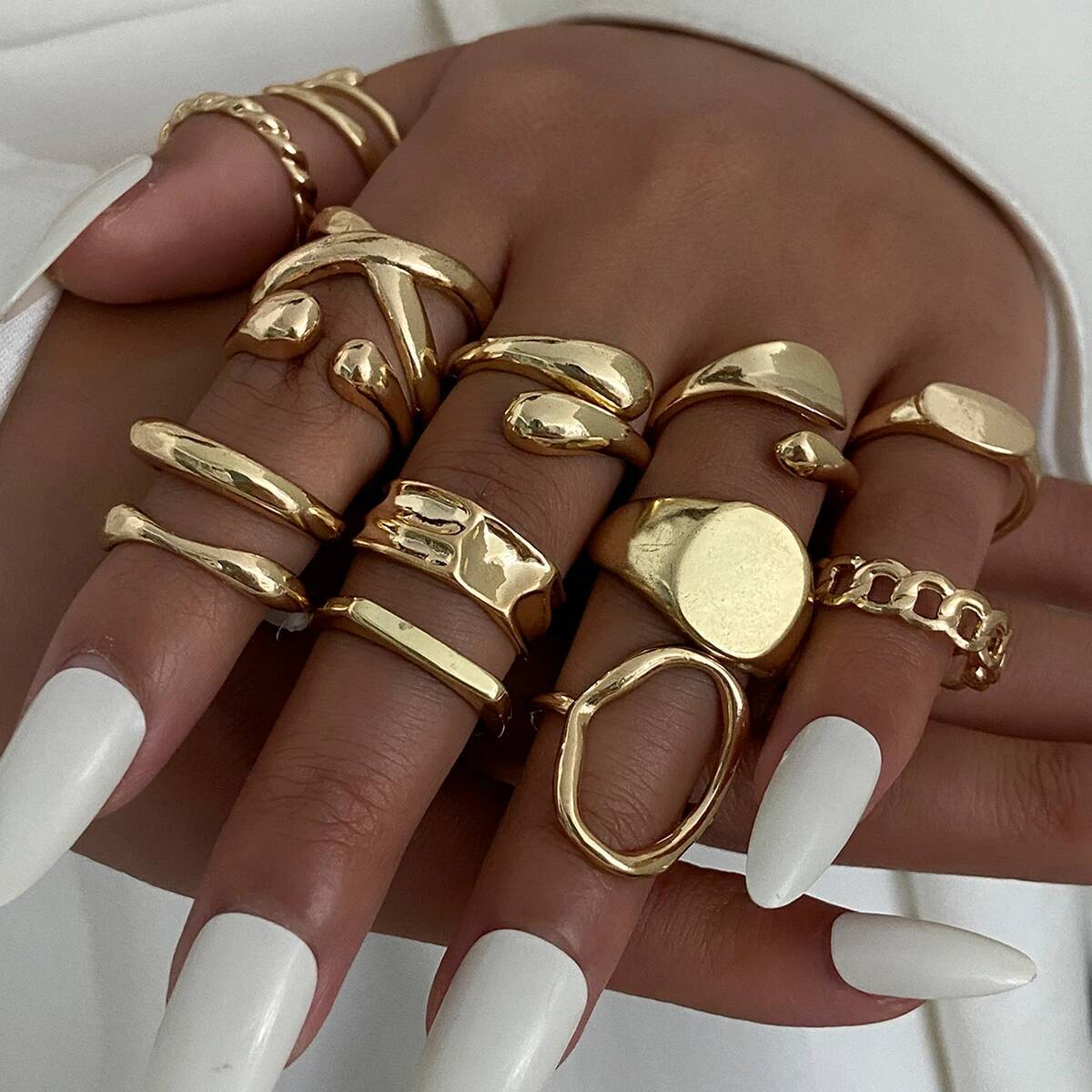 

Ingemark 14Pcs/Set Punk Irregular Water Drop Open Rings for Women New Trend Vintage Adjustable Finger Rings Couple Jewelry Gift