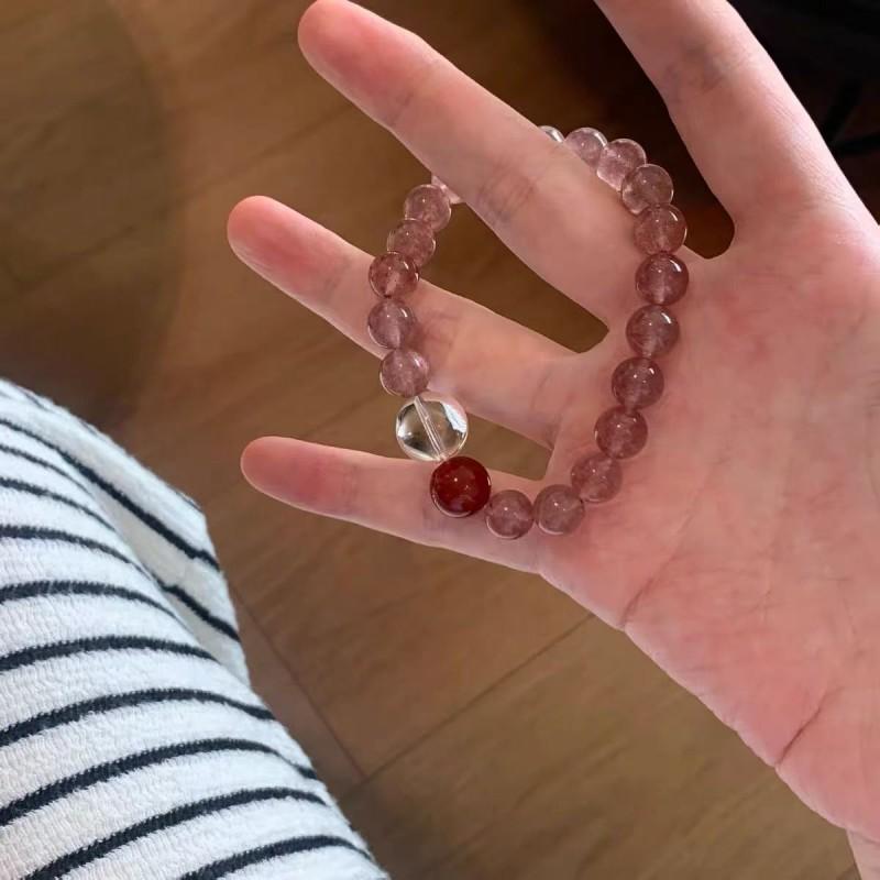 Natural Pink Strawberry Quartz Bracelet With White Crystal Red Agate Freshwater Pearl Boho Chic Womens Handmade Beaded Jewelry Strawberry Quartz, Red Agate, Single White Crystal