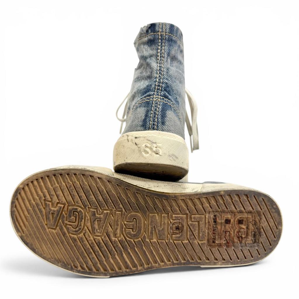 Pristine BALENCIAGA High Cut Sneakers PARIS HIGH TOP Distressed Denim 688756 Used