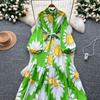 Chic Vintage Sexy Buttonn Ruched  Print Slim Elegant Fairy Summer  Korean Fashion Boho Sundress Women Clothing Long Dress