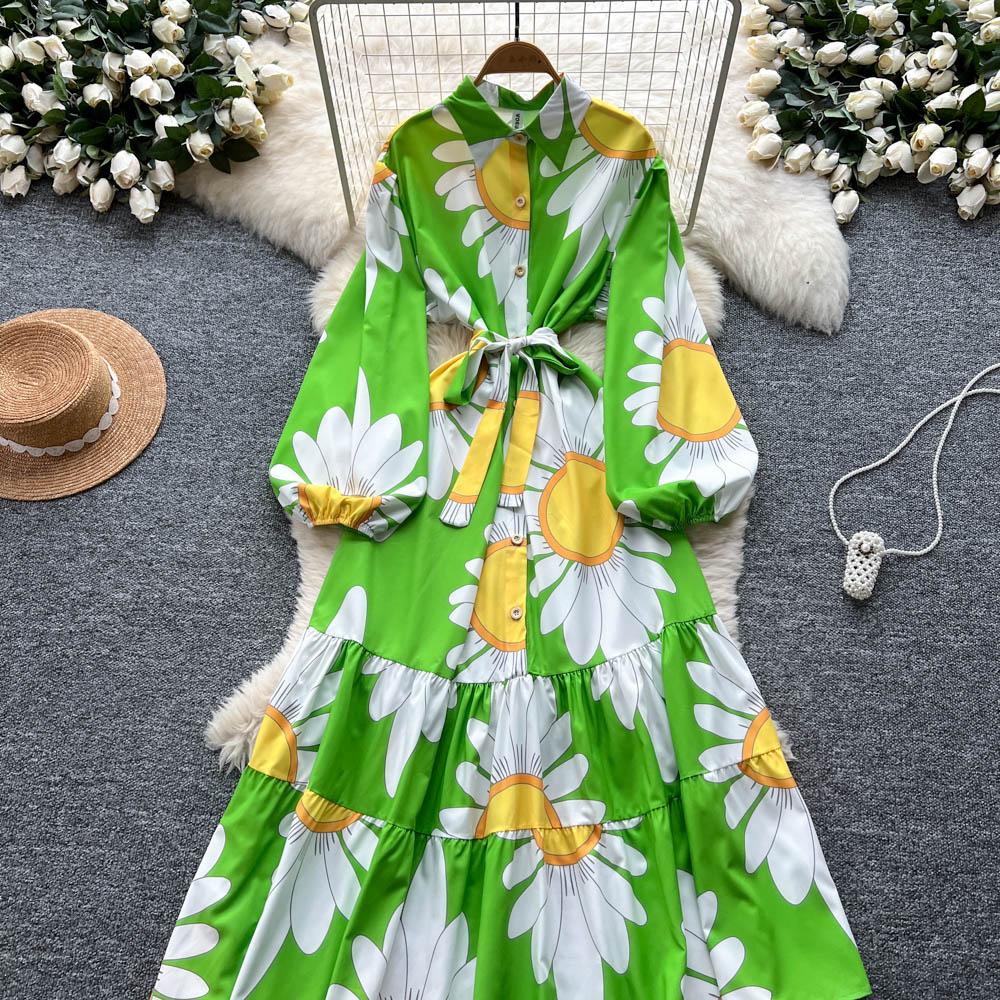 Chic Vintage Sexy Buttonn Ruched  Print Slim Elegant Fairy Summer  Korean Fashion Boho Sundress Women Clothing Long Dress