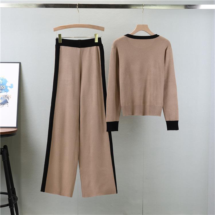 Set de tricot Camellia de toamnă pentru femei de mărime mare Pulover tricotat cu gât rotund Pantaloni largi Costum cu pantaloni temperament