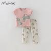 Girl Summer Rabbit Cotton Two Piece Set With Short Sleeve Top And Long Pants For Kids 3 To 8 Years