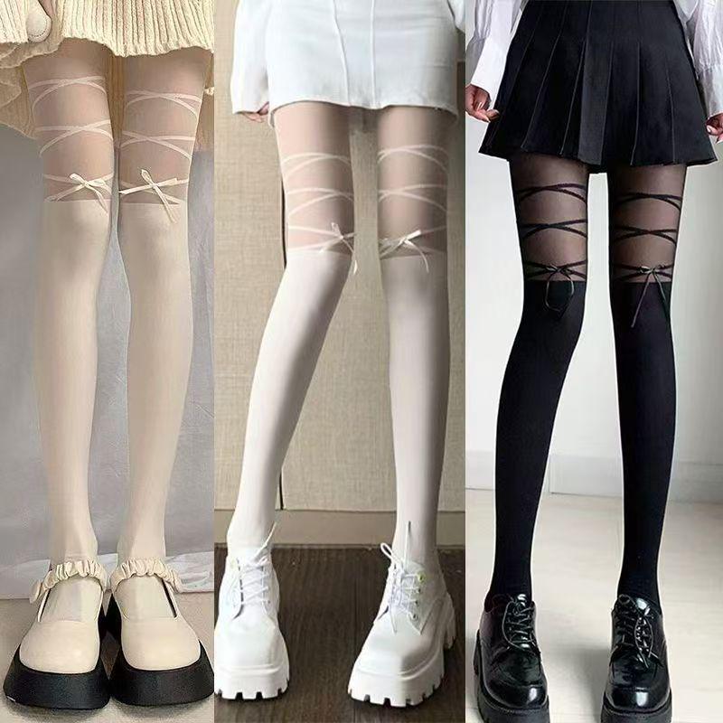Spring/Summer Women's Japanese Sweet Lolita White Silk Tights with Black Faux Thigh Highs