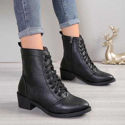 Mode Damenschuhe 2024 Neue seitliche Reißverschluss Damenstiefel Herbst Spitzschuh Feste kurze Schaft klobige Absätze Große Schnürstiefel