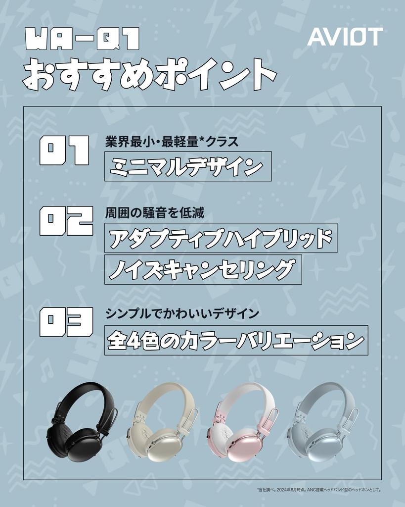 AVIOT Wireless Headphones 55 Hours of Continuous Lightweight Compact Connection WA-Q1 Noise-Canceling On-Ear, Playback, Fast-Charging Drivers,