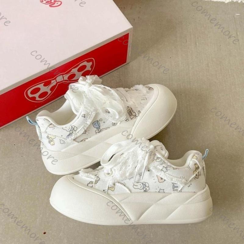 Fashion Comemore Cute Bread Shoes Thick-Soled White Sneakers Women's 2025 New Spring Autumn Casual Lace Up Round Toe Board Sneaker Shoes