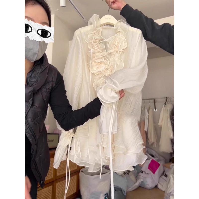 Koreanisches süß-würziges V-Ausschnitt Rüschen Blumen Midikleid