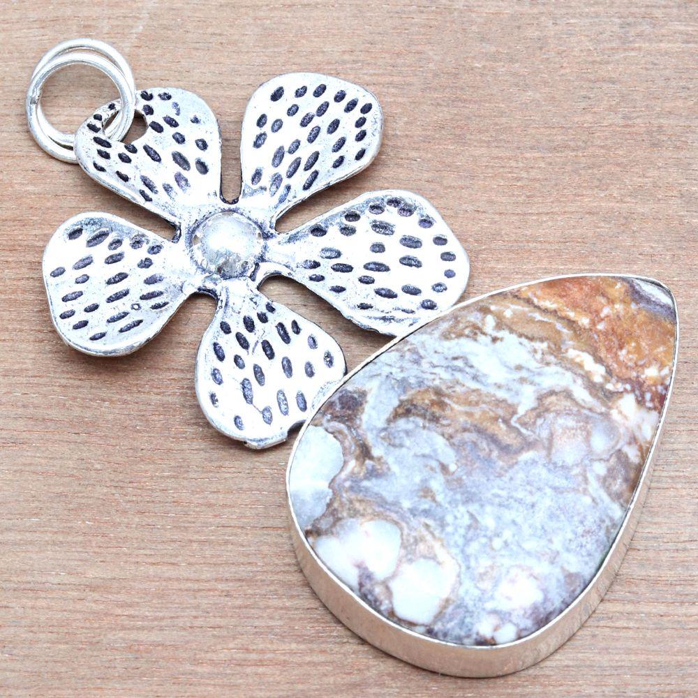 Pendant Crezy Lace Agate Gemstone Gift For Her Silver Jewelry 2.5"