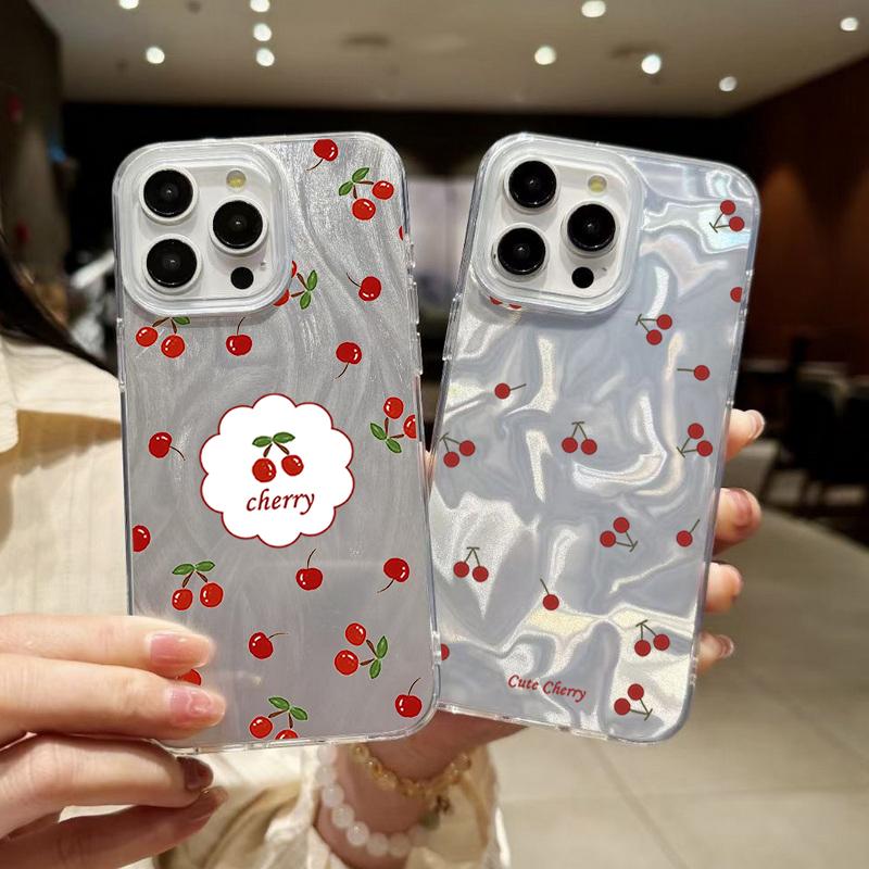 Little Cherry Print Luxury Glitter Case For iPhone 16 Pro Max 15 Pro 14 13 12 11 Hybrid TPU PC Clear Shockproof Slim Phone Cover