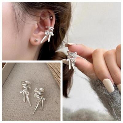 Ear Cuff Earrings Silver Ribbon Layered Pair Piercing