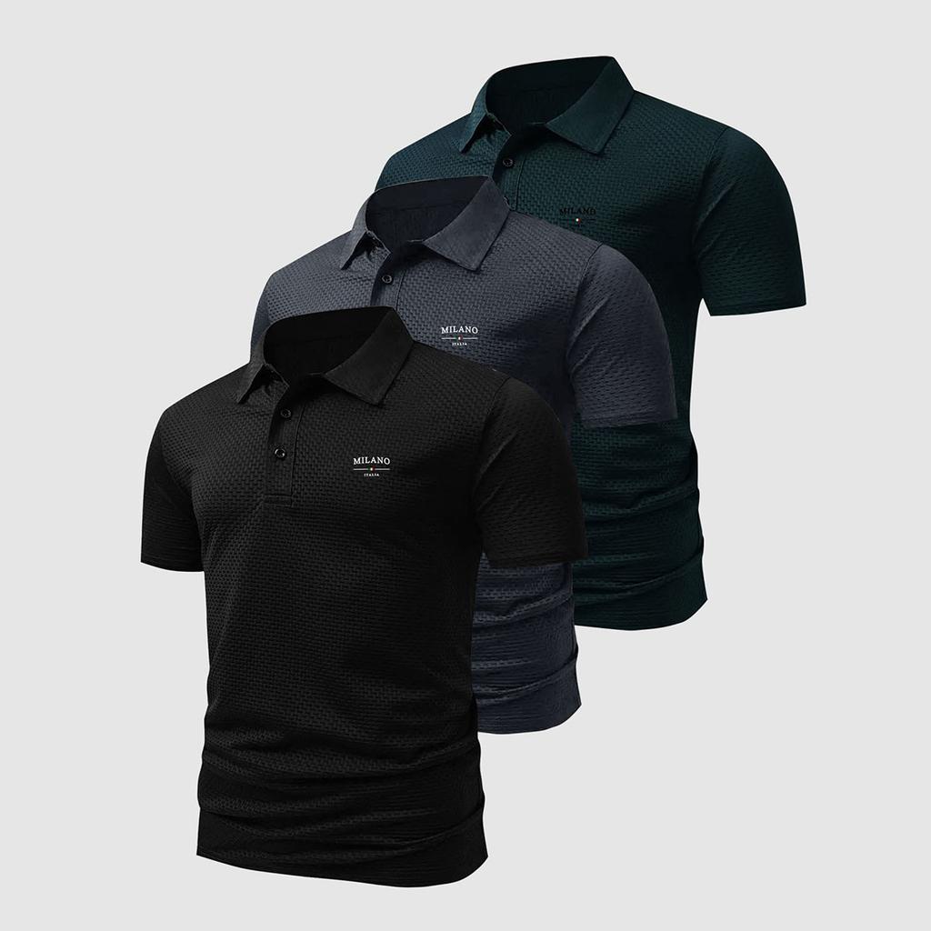 Herren 3er-Pack Waffelstrick Poloshirts MILANO Print Lässige Kurzarmtops Weich Dehnbar Tägliche Kleidung