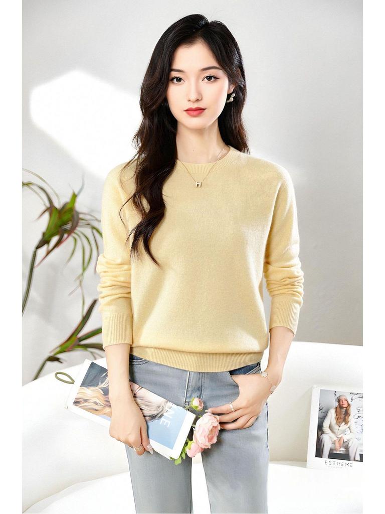 Dámský měkký kašmírový svetr s dlouhým rukávem a kulatým výstřihem - Módní, všestranný a pohodlný úplet.