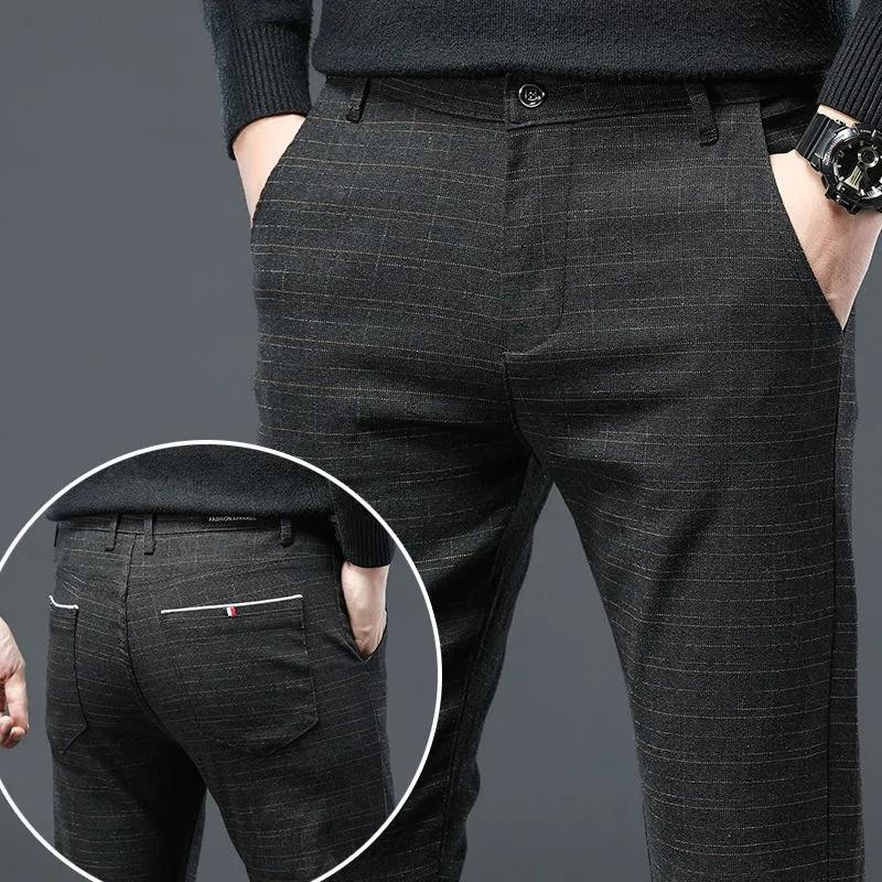Pánské ležérní bavlněné plátěné kalhoty business kostkované kalhoty rovné tenké dlouhé kalhoty kancelářské kalhoty na jaro a podzim