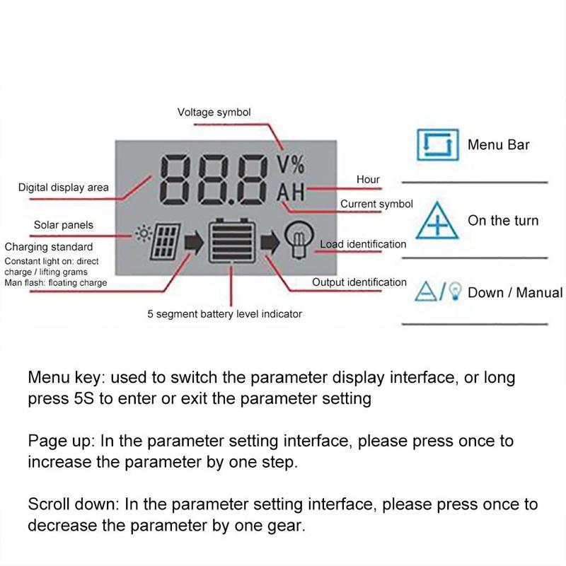 12V 24V saulės įkrovimo valdiklis LCD ekranas Saulės įkrovimo reguliatorius Dviejų USB prievadų saulės baterijos reguliatorius