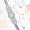 5PCS Fashion Luxury Women's Diamond Silver Quartz Watch Girls' Square Pendant Necklace Diamond Earrings Ring Jewelry Set for Girls