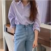 Women's Korean Style Taro Purple Pure Cotton Long Sleeve Shirt - Petite, Loose, Casual for Autumn and Spring