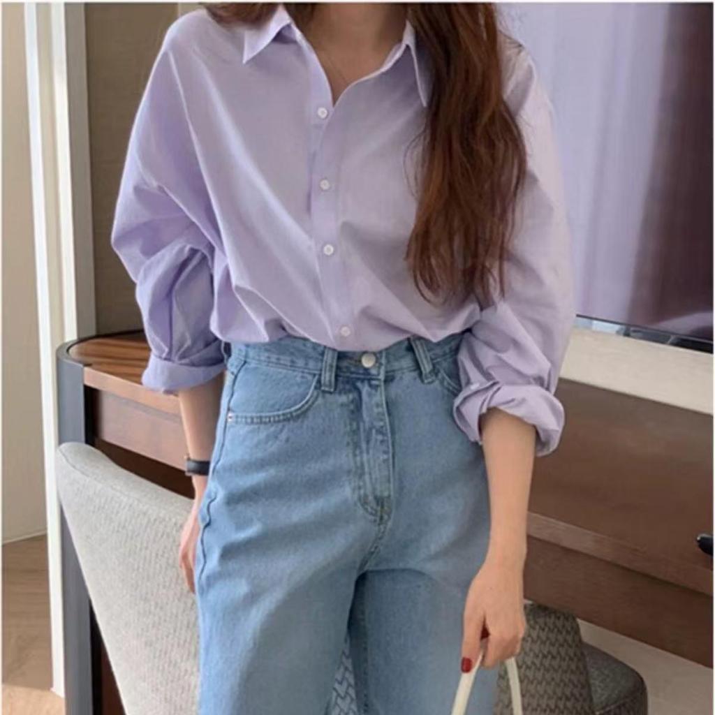 Women's Korean Style Taro Purple Pure Cotton Long Sleeve Shirt - Petite, Loose, Casual for Autumn and Spring