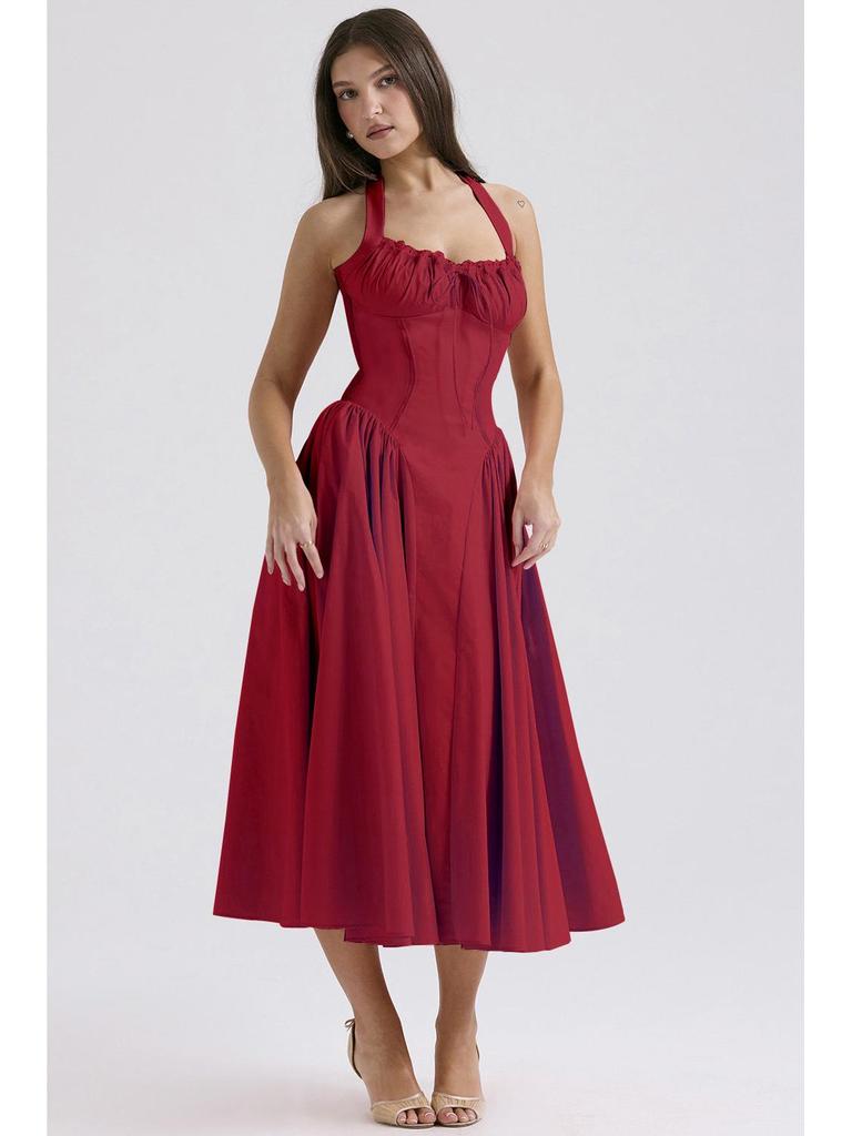 2025 European & American Style Summer Slim Spaghetti Strap Printed Halter Lace Dress