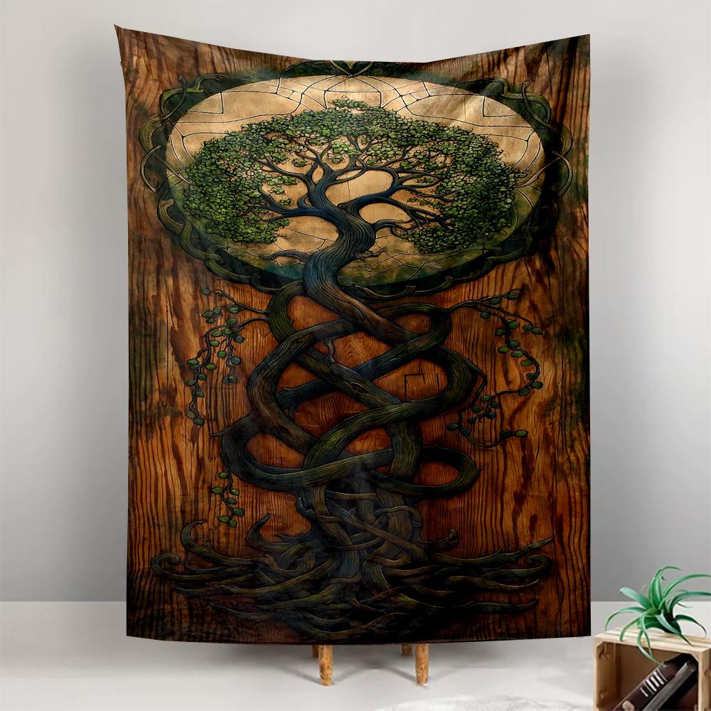 Tapestry Yggdrasil Tree of Life Wood Carving Brown Wood Green Foliage Moon Celtic Wall Art