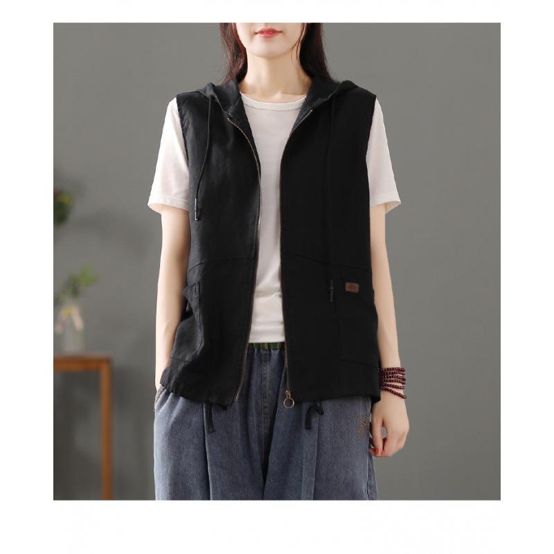 Women S Casual Linen Blend Hooded Sleeveless Zip Up Vest