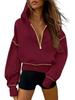 Women's Hooded Long Sleeve Half Zip Cropped Sweatshirt - Casual Autumn Winter Fashion 2026