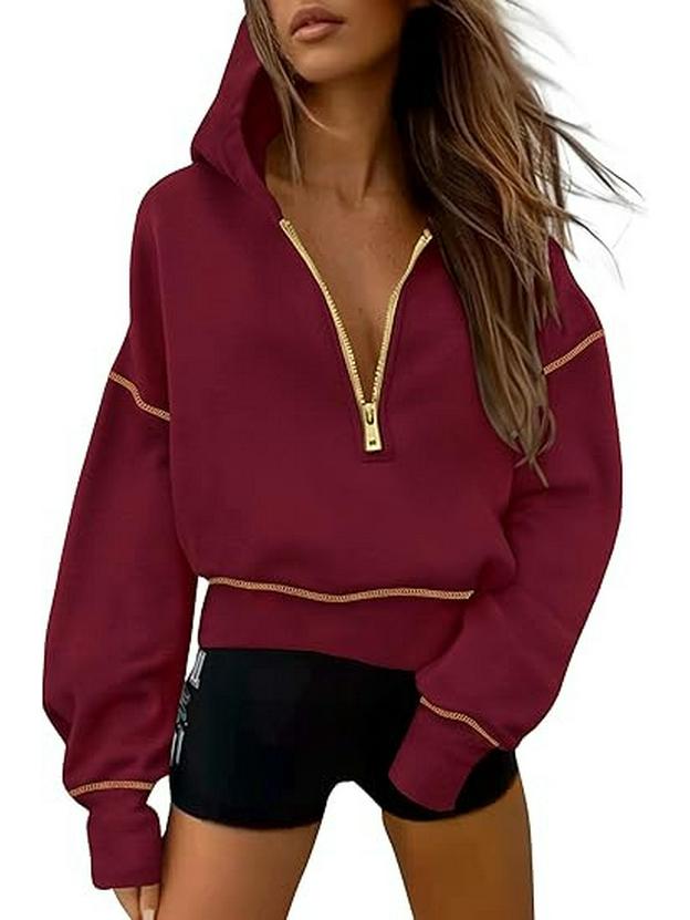 Women's Hooded Long Sleeve Half Zip Cropped Sweatshirt - Casual Autumn Winter Fashion 2026