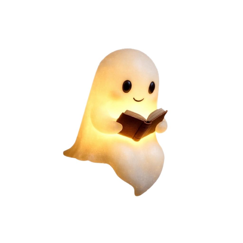Cute Ghost Night Light Table Lamp with Reading Book Design Soft Glow LED Nightlight for Bedroom Desk Decoration and Kids Room Lighting