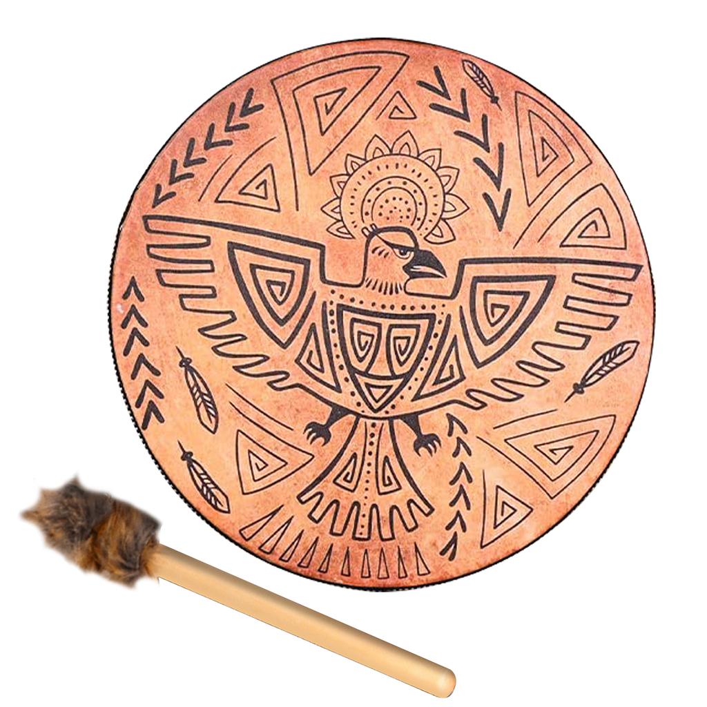 Shamanic Drum Bird Pattern Polyester Imitation Sheepskin Vintage Round Instrument Drum 25cm