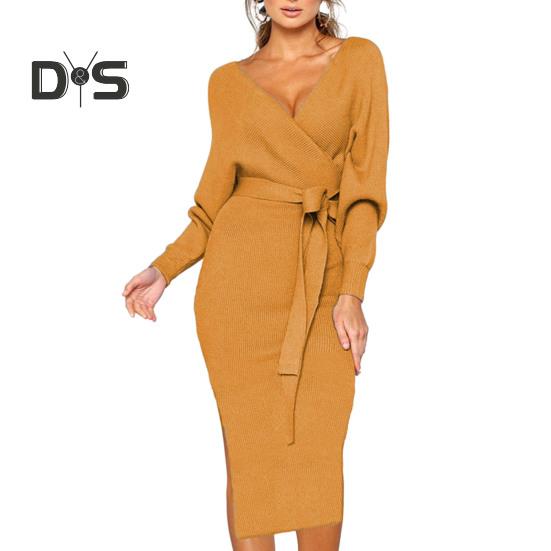 Sukienka damska na jesień i zimę z dekoltem w serek, sznurowana, z paskiem, wąska w talii, jednokolorowa, dzianinowa, elastyczna, do połowy łydki, z długim rękawem, dopasowana, damska sukienka dojazdowa