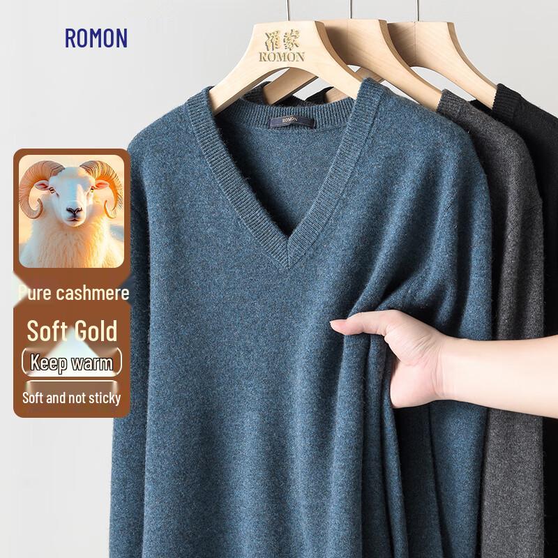Romon Men's V-Neck Pure Cashmere Sweater for Autumn/Winter