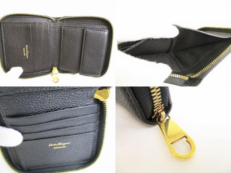 Authentic Salvatore Ferragamo Gancini Black Leather Round Zip Bifold Wallet #8762  Refurbished