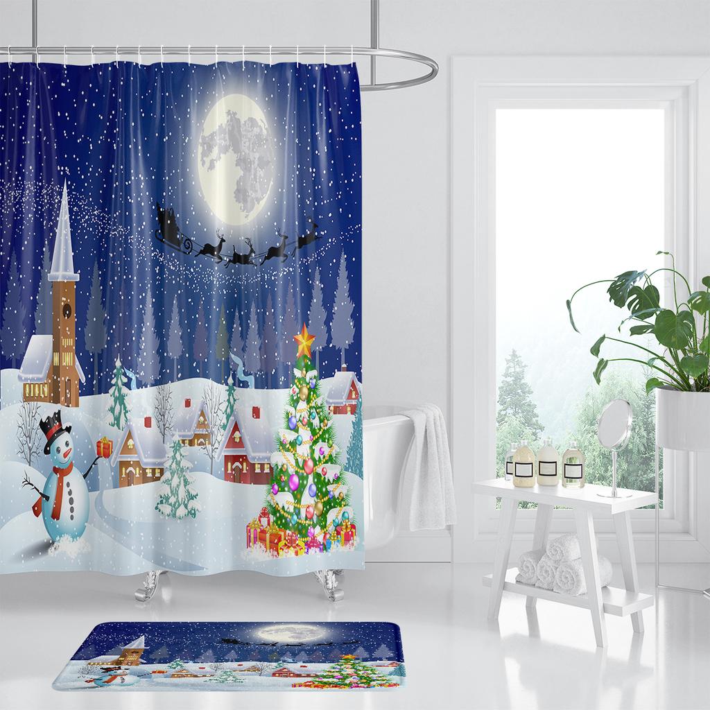 1Pc Waterproof Shower Curtain With Hooks Christmas Snow Scene Bathtub Curtain Soft Floor Rugs Non-Slip Bath Mat Bathroom Decor