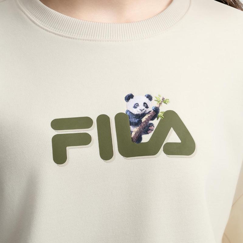FILA HERITAGE Panda Embroidery Trendy Casual Versatile Crew Neck Pullover Sweatshirt Women Vapor White F51W538201FIV