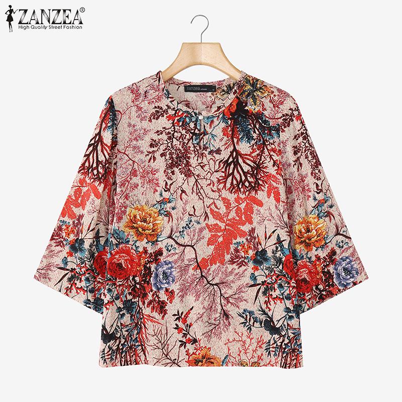 ZANZEA Blusa Casual de Cuello Redondo y Manga 3/4 con Estampado Étnico para Mujer