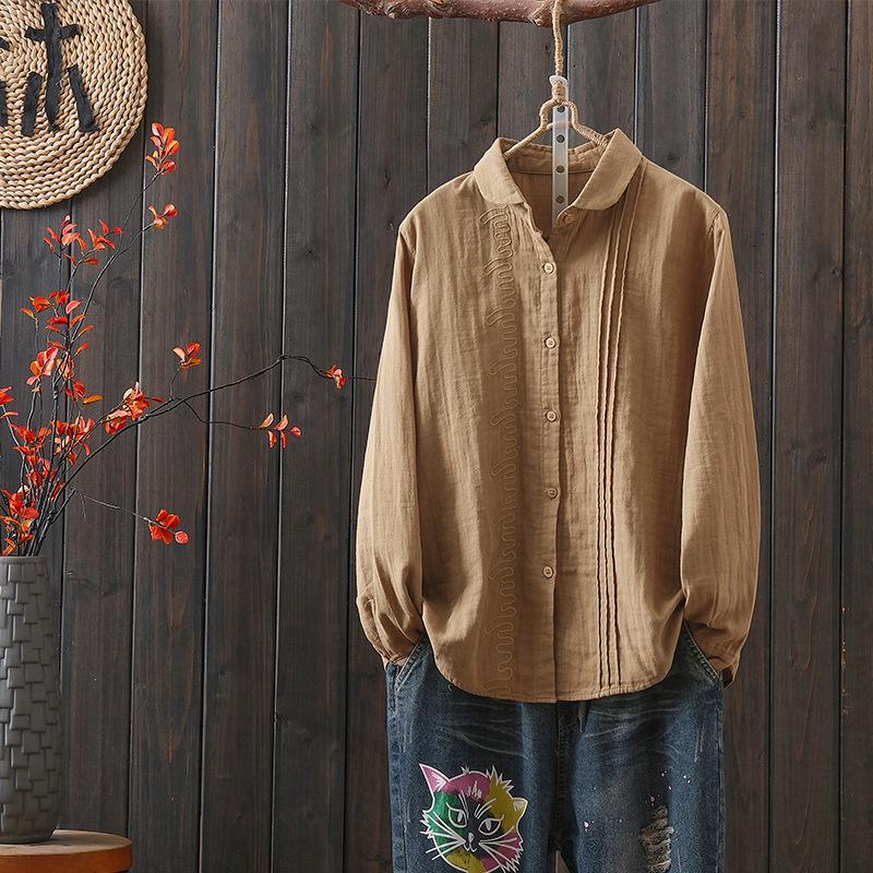 2026 Spring Retro Women s Artistic Cotton Gauze Pleated Long Sleeve Shirt XL