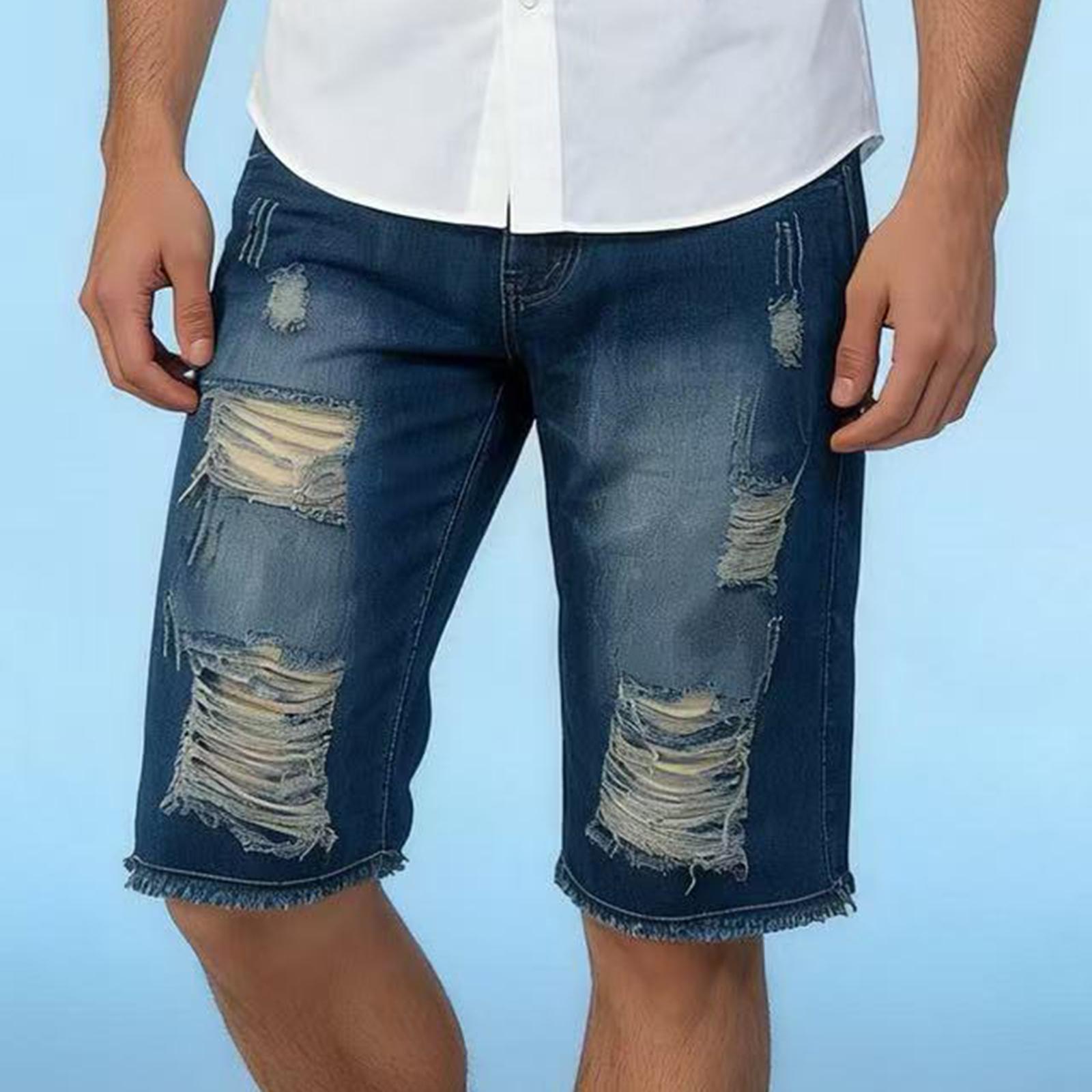 

Men s Color Jeans Stretch Slim Fit Distressed Denim Shorts XL синій