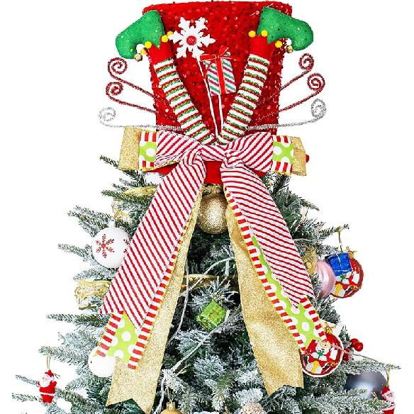 Christmas Tree Topper Hat, Gingerbread Man Xmas Tree Toppers Large Red Hat with Lengthened Ribbon, Christmas Tree Ornaments for Christmas Holiday