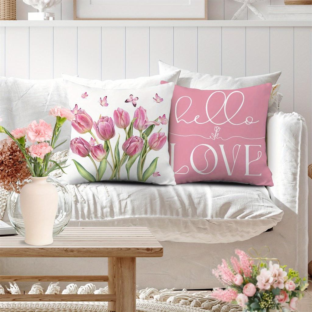 Set of 4 Pink Bicycle Tulip Spring Throw Pillow Covers, Suitable for Bedding And Sofas In The Bedroom