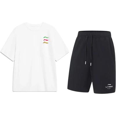 Li Ning Logo Print Simple Comfortable Skin-Friendly Versatile Round Neck Short Sleeve Mid-Waist Tied Shorts Casual Sports Set YHSV373-1+AKST543-3