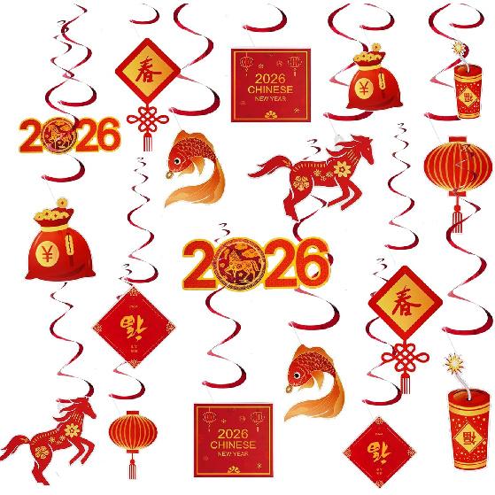 18 Pack Chinese Lunar Year Hanging Swirls, New Year Hanging Swirls, 2026 Chinese New Year Decorations Festival Party Suppliy, Chinese Year for The