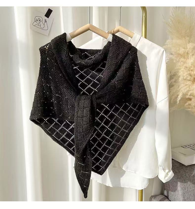 Ladies  Cross Hollow Diamond Knitted Shawl Spring&Summer Triangle Jacket Fashionable Air-Conditioned Room Warm&Wide Shoulder чёрный